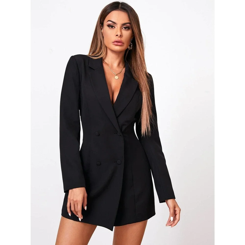 Minimalist Business Casual Plunging v neck Double Breasted Mini Blazer Dress - Picture 1 of 6